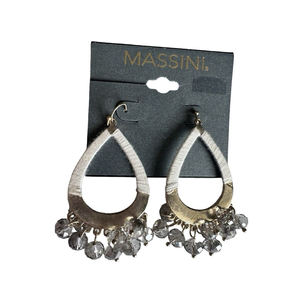 NEW Massini Drop Dangle Teardrop Earrings Thread Wrapped Gray Crystals Gold Tone